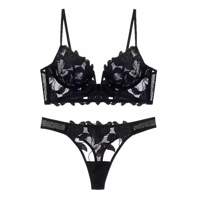 Sexy Deep V Embroidered Lace Underwear Women's Ultra-thin Large Chest Shown Small Gather-up Bra Suit Bra