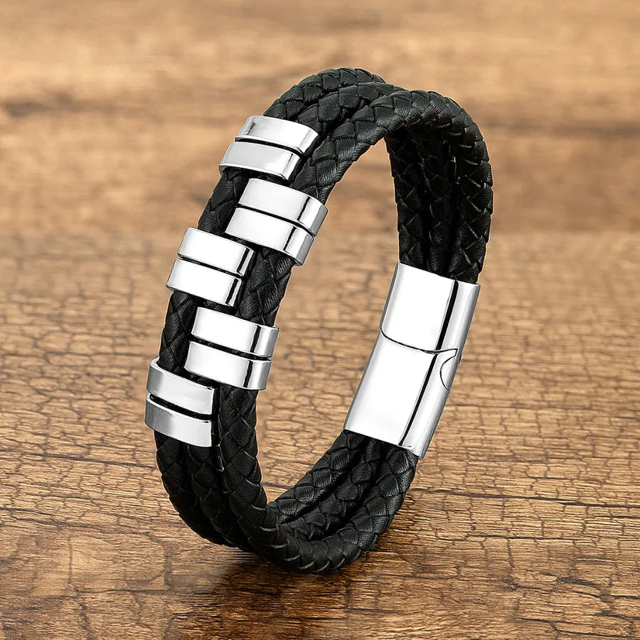 Vintage Style Exaggerated Punk Geometric Leather rope Metal Layered Handmade Metal Button Men's Bangle