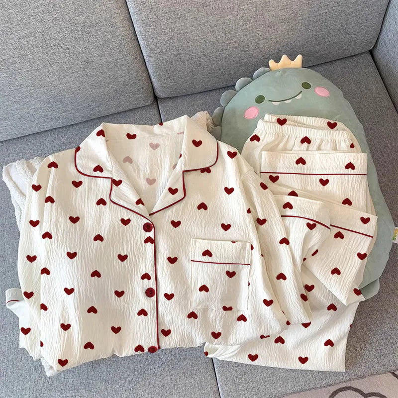 Sweet Girl Heart Print Open Cardigan Sleepwear Long Sleeve Crepe Home Clothes Set Spring New Style Casual Breathable Polyester