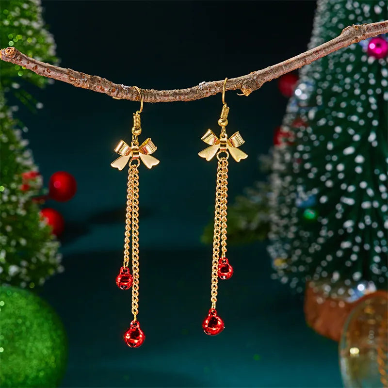 Fashionable Christmas Butterfly Knot Tassel Bell Earrings Elegant Versatile Alloy Iron And Copper Post Earrings