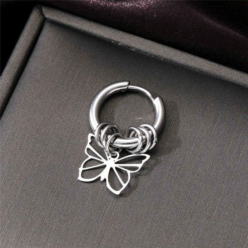 punk leaves cat butterfly stainless steel plating hollow out drop earrings