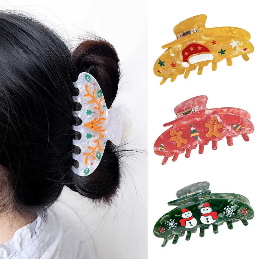 Christmas Cartoon Gingerbread Man Shark Hair Clip Women's Fashionable Festive Acrylic Hair Accessories Ice Crystal Flower Pattern