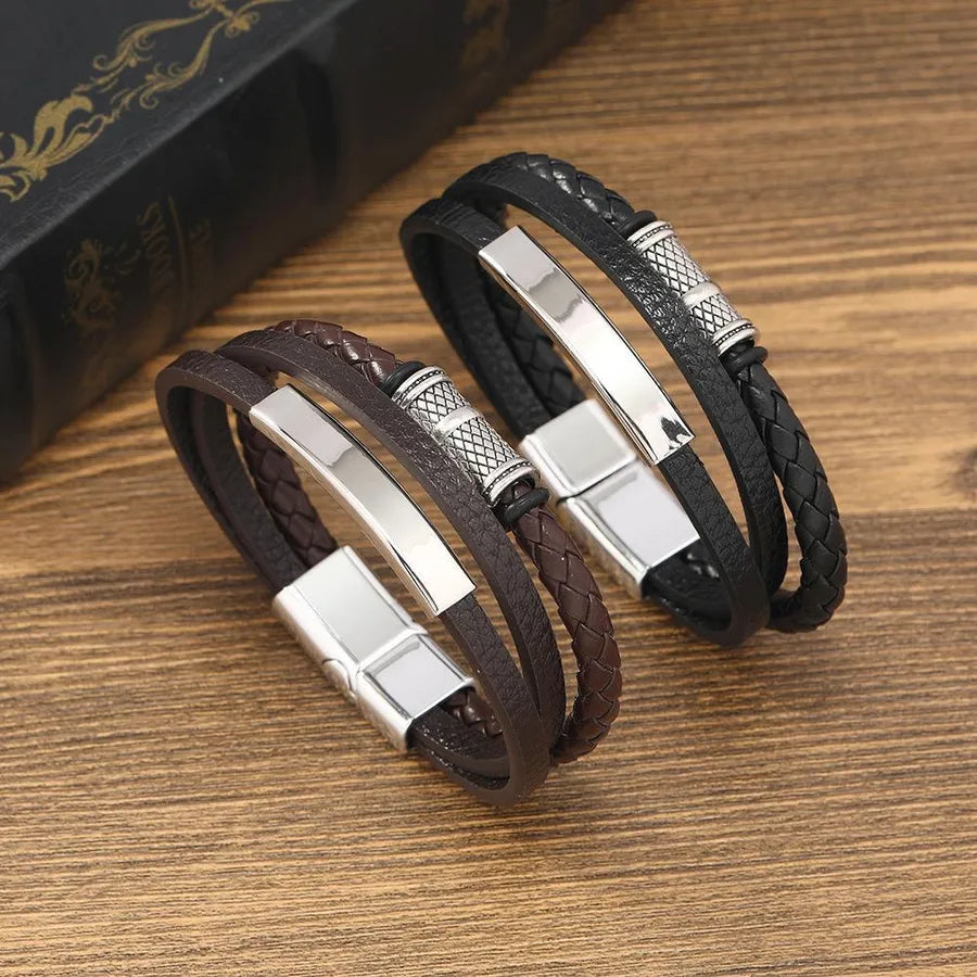 Retro Simple Style Geometric Pu Leather Alloy Wax line Men's Bracelets Men Cord & Leather Bracelets