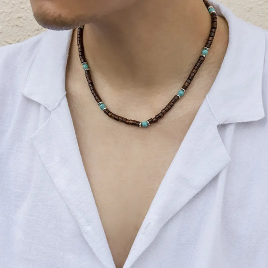 1 piece retro color block wood turquoise beaded men's necklace
