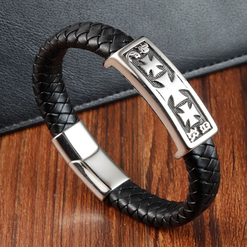 Vintage Style Classic Style Geometric Pu Leather Titanium Steel Woven Chain Wrap Bracelets Wholesale