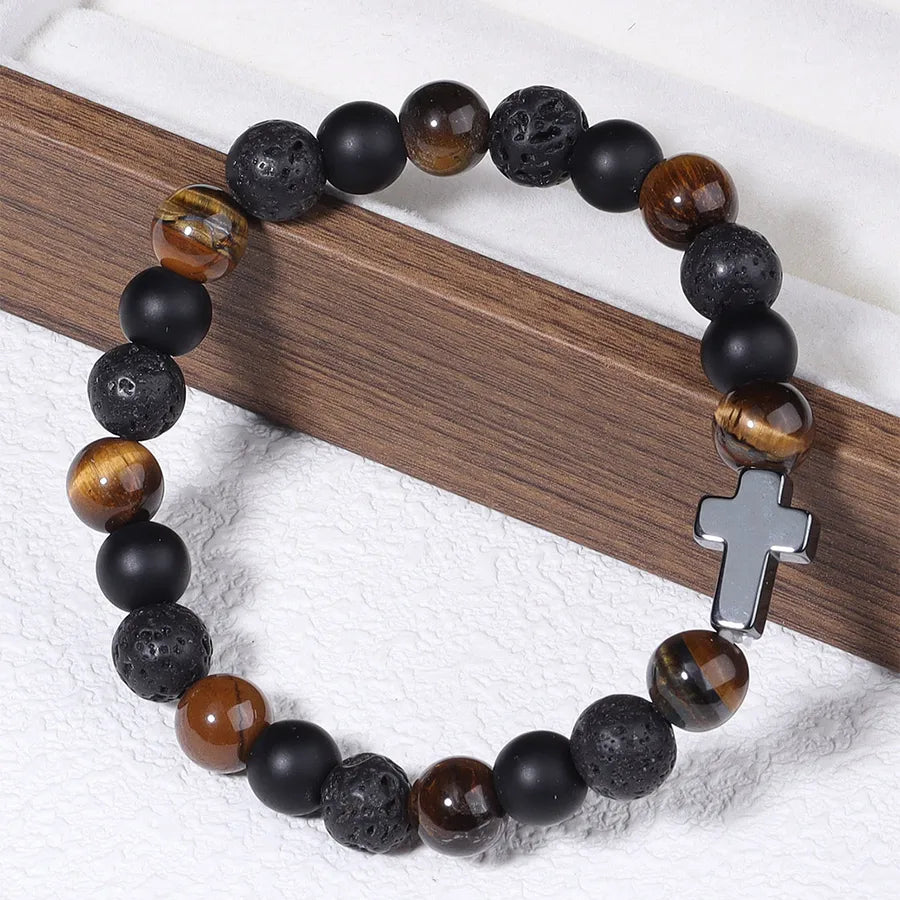 Hot Cross Beaded Bracelet Tiger Eye Volcanic Stone Natural Stone Beaded Bracelet Men's Vintage Jewelry