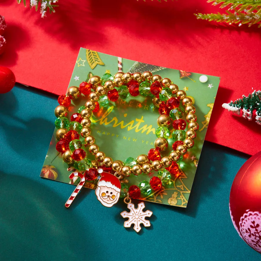 Christmas Themed Elastic Bracelet Set Santa Claus Snowflake Pendant Beaded Style Hand Chain Festive Jewelry Accessory