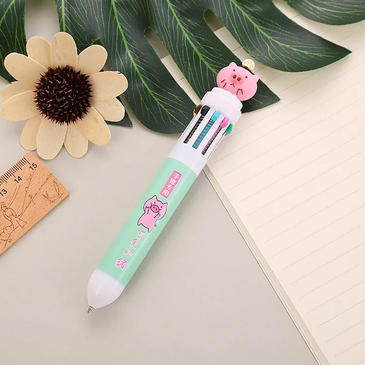 cartoon animal ten-color student stationery retractable ballpoint pen 1pcs