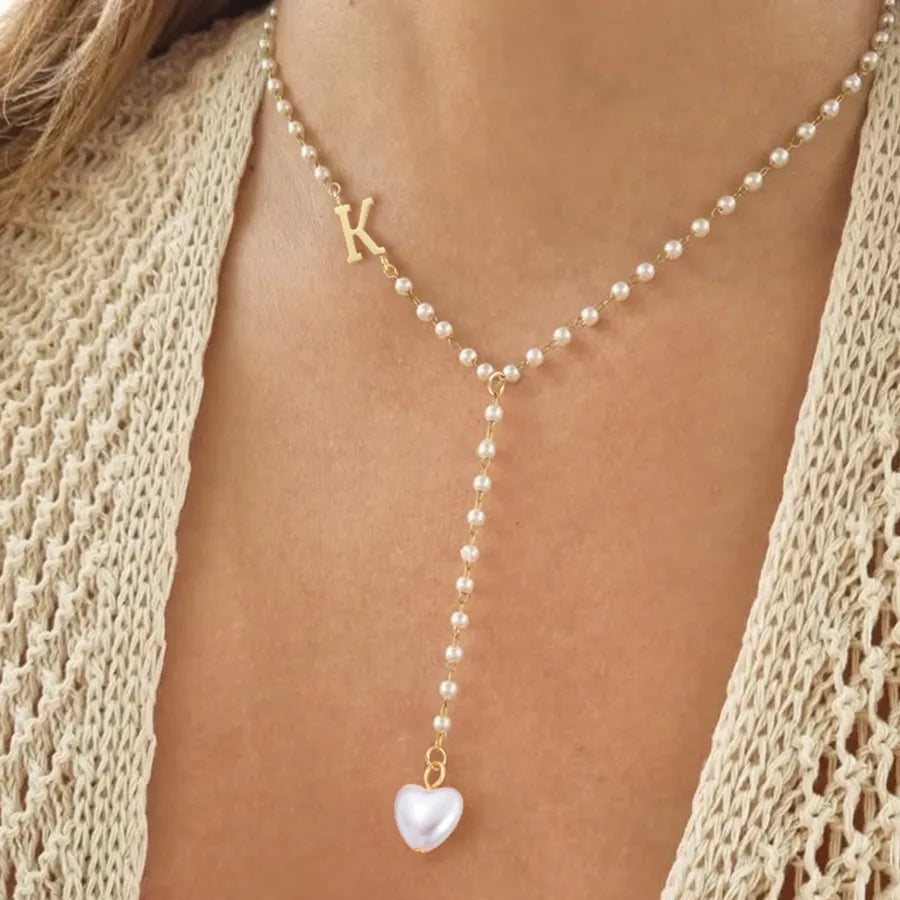 Casual Simple Style Classic Style letter Heart Shape 304 Stainless Steel Artificial Pearl Beaded Chain Y-necklaces Wholesale