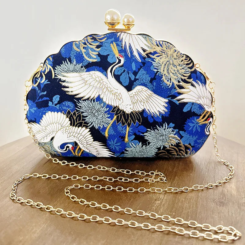 women's all seasons woven fabric flower crane elegant vintage style shell lock clasp evening bag