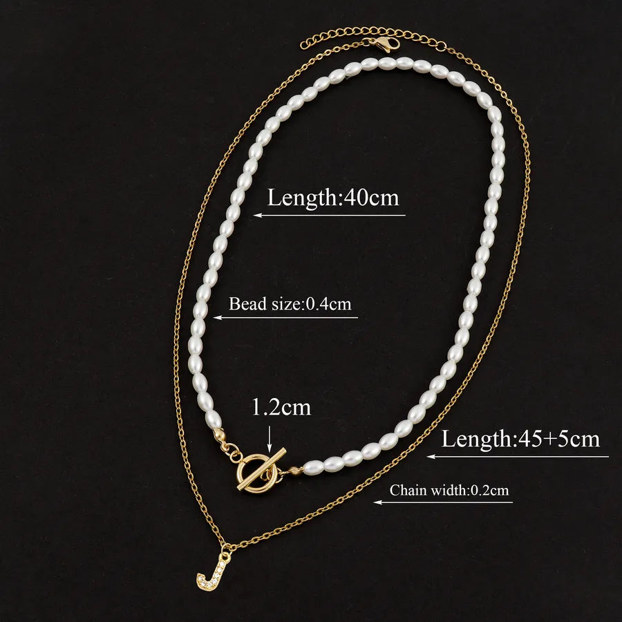 Elegant Simple Style Classic Style Letter Zircon 201 Stainless Steel Artificial Pearl Copper Beaded Chain cable chain Beaded Necklaces Wholesale