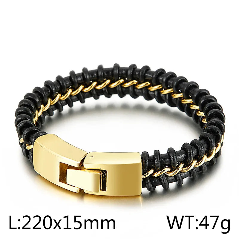 Casual Punk Geometric Cowhide Titanium Steel Plating 18K Gold Plated Men's Bracelets