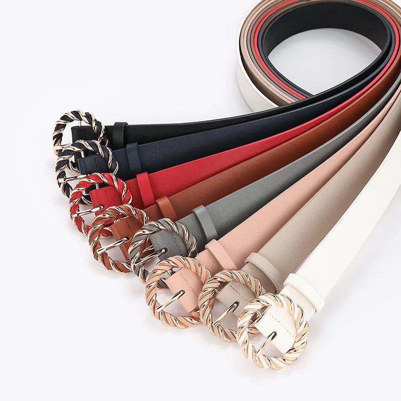 retro round solid color pu leather alloy women's leather belts