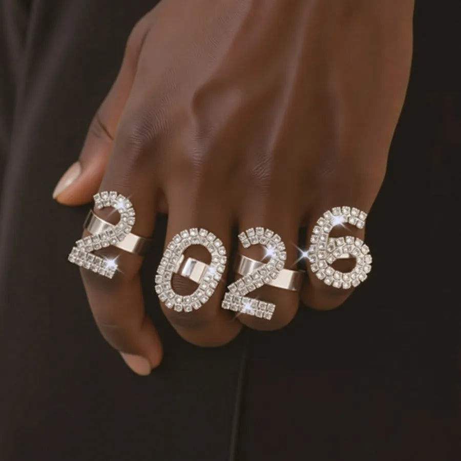 Trendy Personalized Full Diamond 2026 Number Ring Set Adjustable Open Water Diamond Rings Women's Fashionable Letter Design