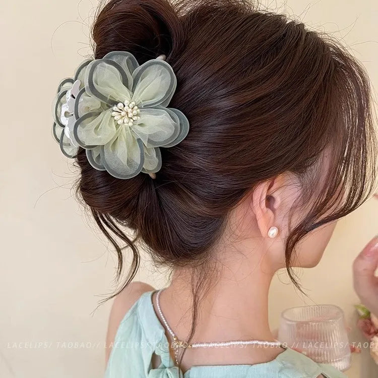 Summer High-End Tea Flower Hair Clip Women's Shark Bite Headwear Forest System Mesh Hair Accessories Vacation Style Hairpin