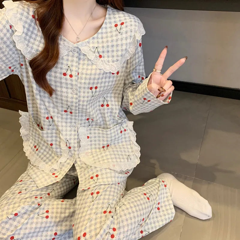 Sweet Cherry Cloud Cotton Long Sleeve Spring Home Clothes Set For Girls Comfortable Breathable Sleepwear Casual Style
