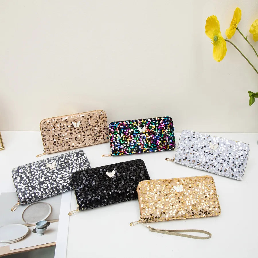 Ladies Glitter Clutch Bag Simple Butterfly Decoration Long Wallet Coin Purse Fashionable Elegant Square Shape Sparkling Bag