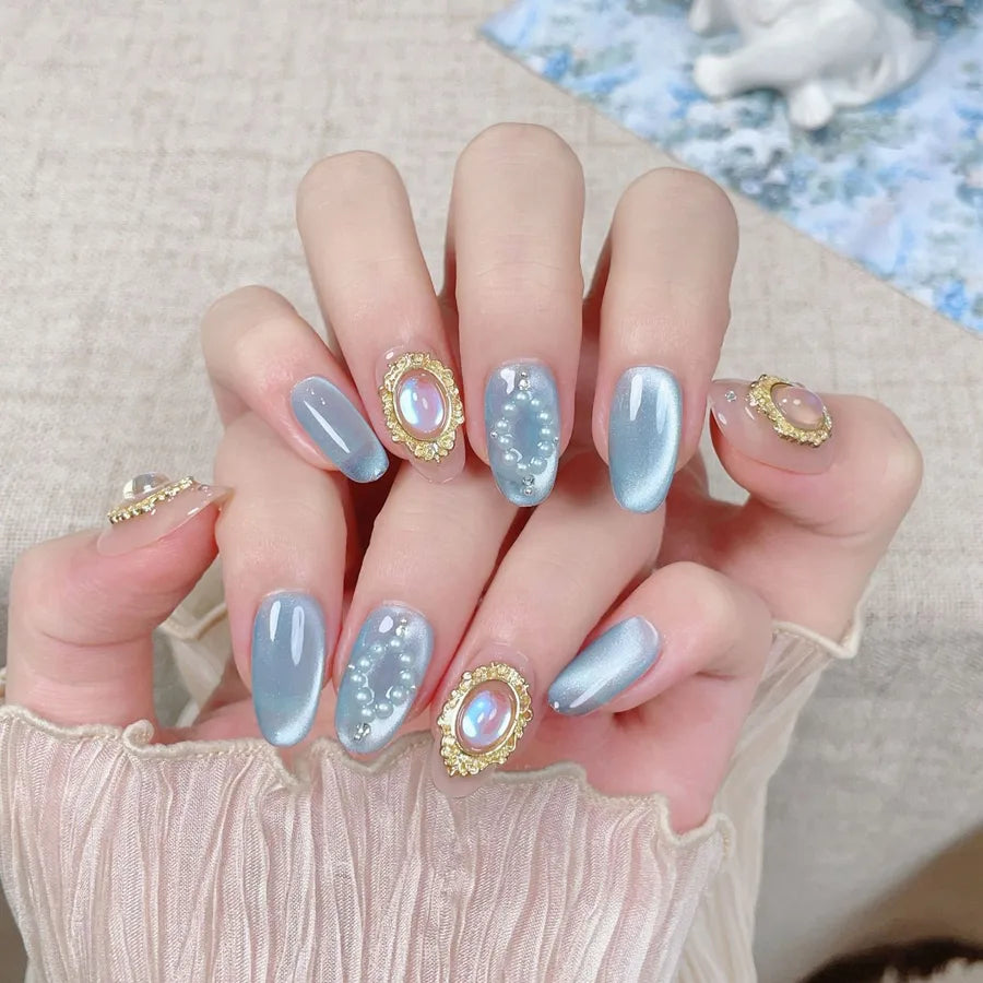 Handmade Cat Eye Nail Tips Pure Gold Mirror Powder Detachable Wearing False Nails Starry Sky Pattern High Gloss Sensation