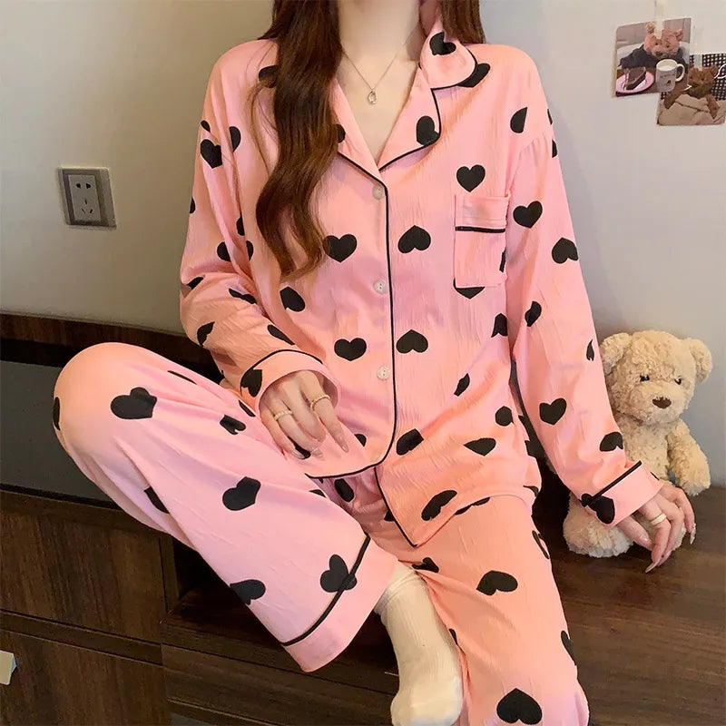 Sweet Girl Heart Print Open Cardigan Sleepwear Long Sleeve Crepe Home Clothes Set Spring New Style Casual Breathable Polyester