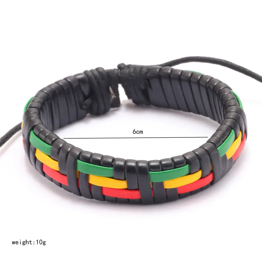 hip-hop color block pu leather knitting men's wristband