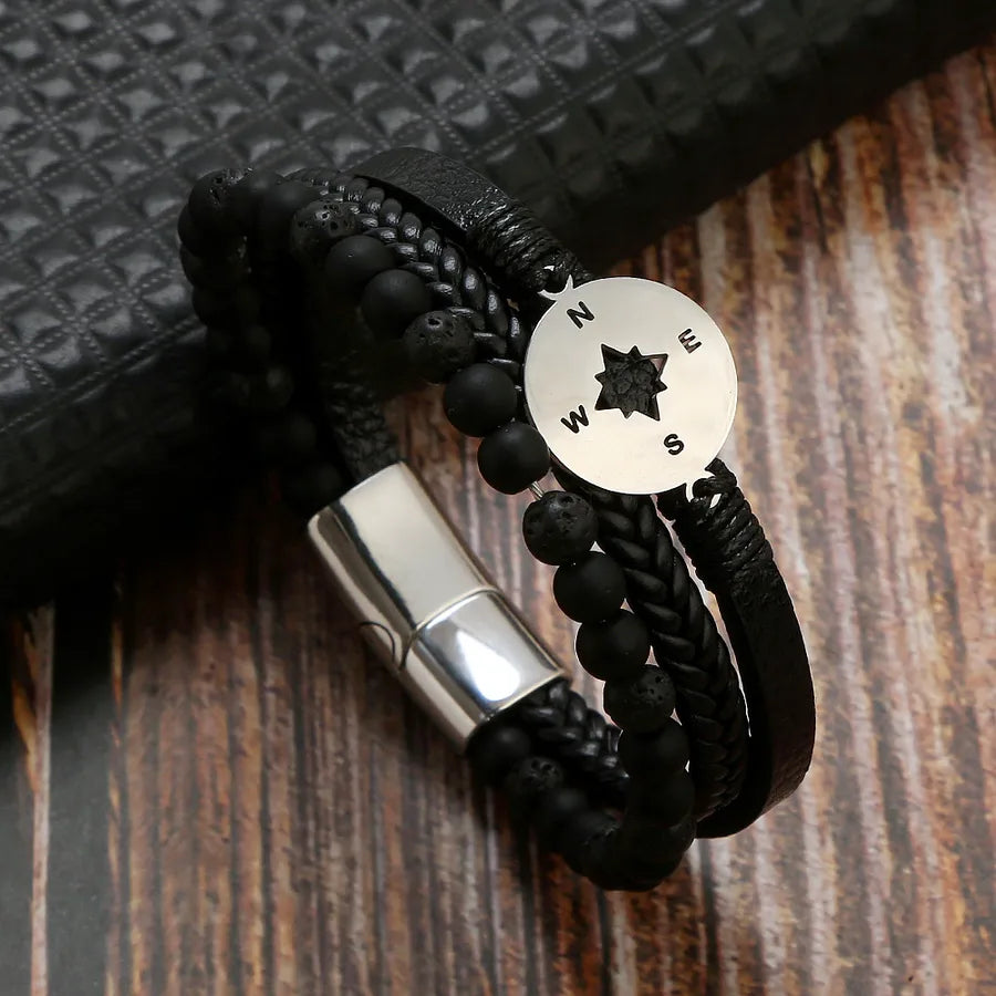 Casual Simple Style Compass Stainless Steel Pu Leather Men's Bangle