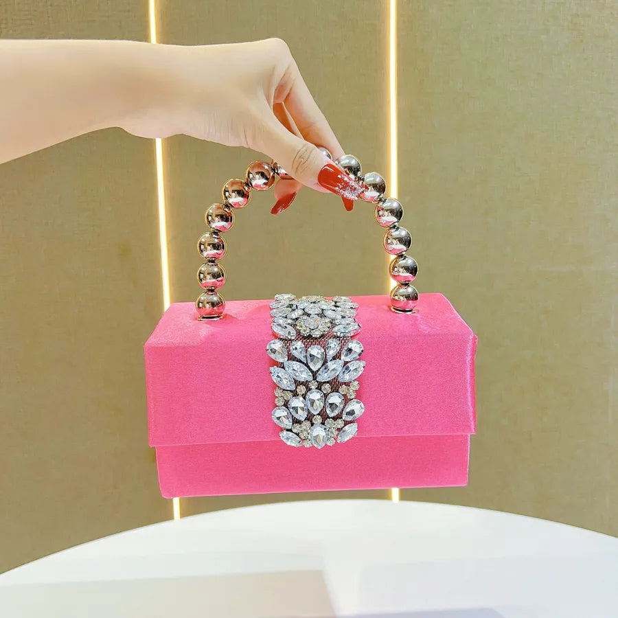 Shiny French Style Silk Satin Surface Pearl Box Handbag Women's Crossbody Bag For Party Elegant Fashionable Square Bag