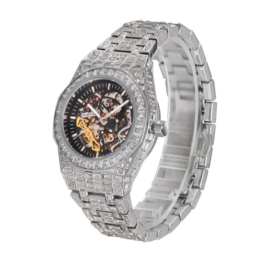 MISSFOX Watch  Explosions Hip-hop High-end All-Square Diamond Full Diamond Luminous Hollow Mechanical Watch Men's Wrist Watch