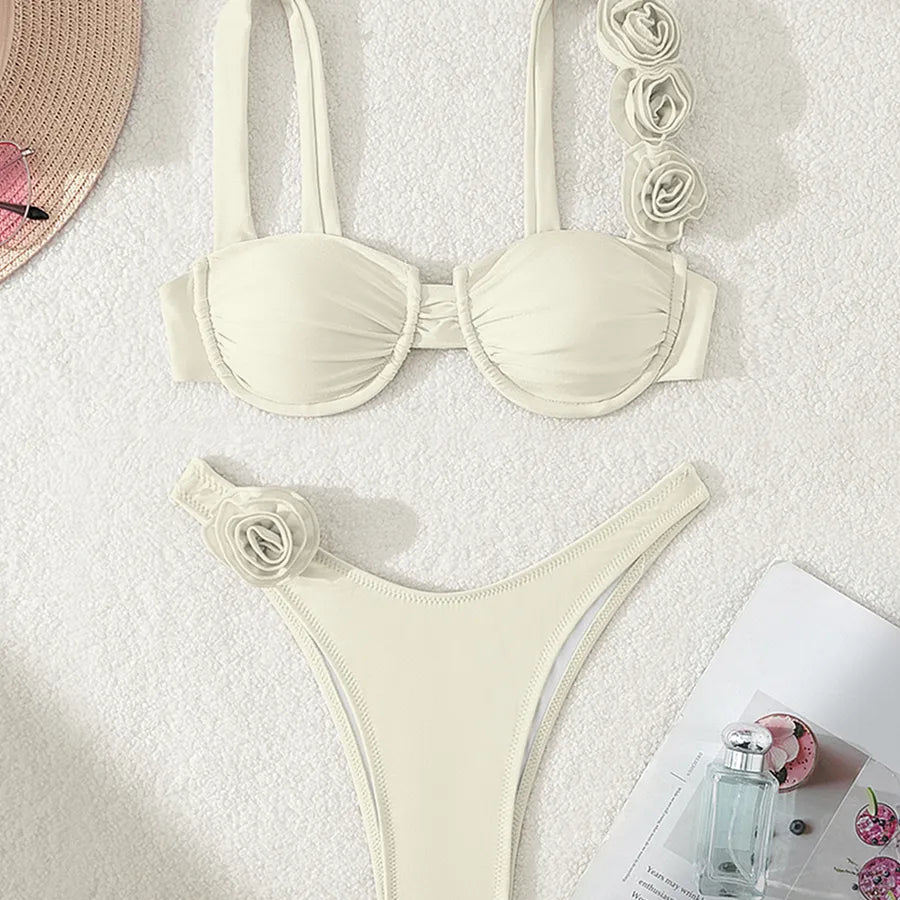 Women's Solid Color Flower 2 Pieces Set Bikinis Swimwear