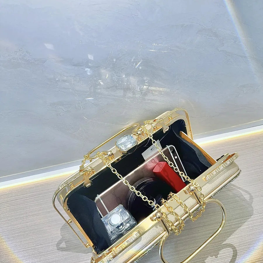 Gold Silver Black Pu Leather Solid Color Pearls Square Evening Bags