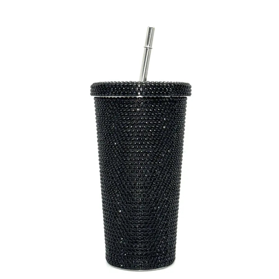 New Diamond-encrusted Insulated Water Cup Double-layer Diamond Tapered Straw Cup Beverage Cup Drinking Cup