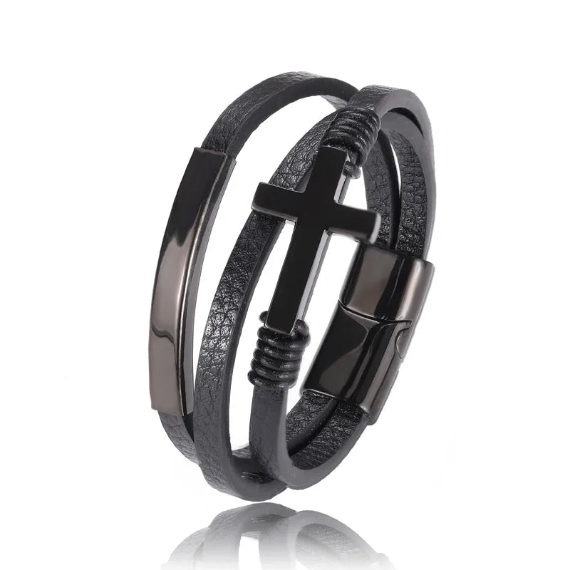 retro cross stainless steel pu leather men's bracelets 1 piece