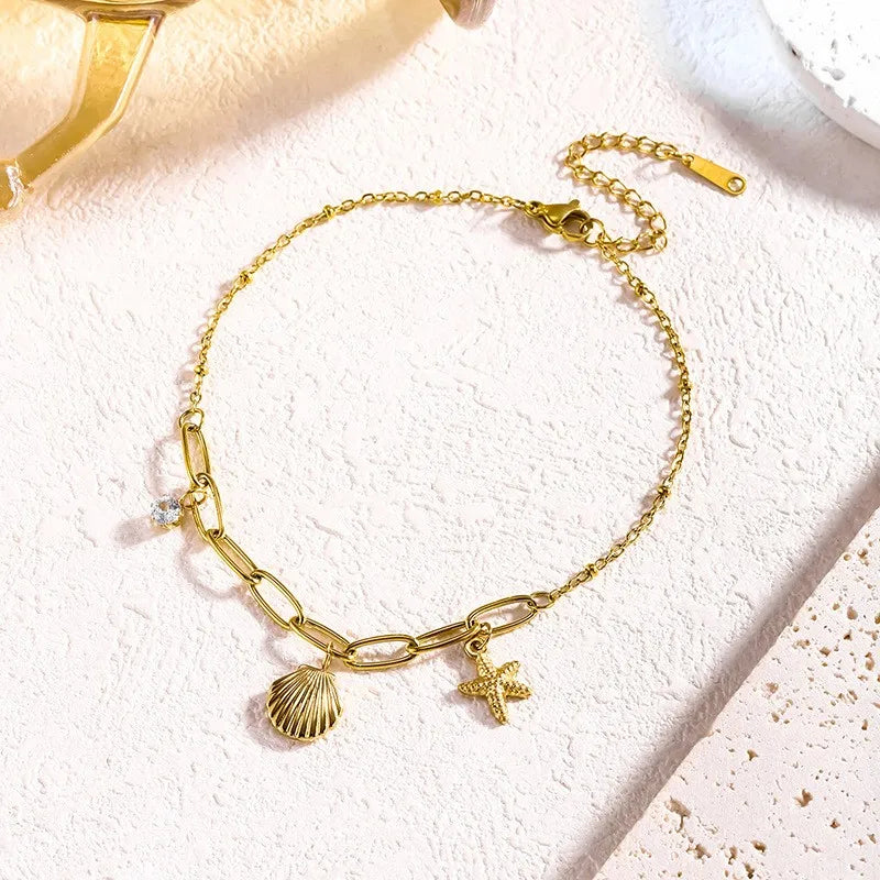 Wholesale Jewelry Marine Style Beach Sweet Scallop Starfish 304 Stainless Steel 18K Gold Plated Scallop Anklet