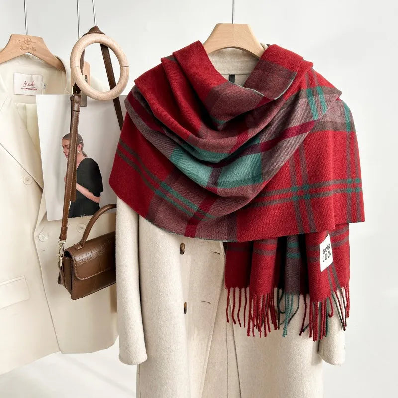 women's fashion simple style plaid polyester tassel scarf