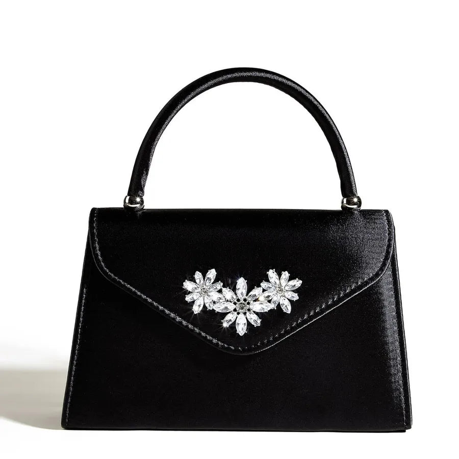 Black Silk Evening Bag  Trendy Square Shape Nightclub Bar Simulation Silk Ball Bag With Lace And Chain Fashion Elements
