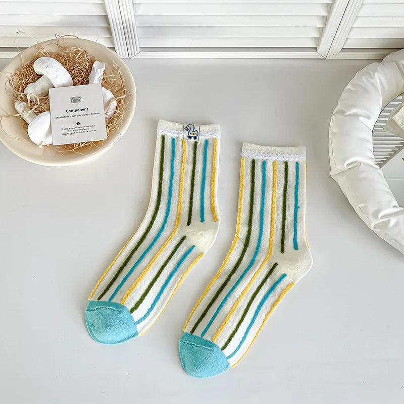 A Pair Cute Women's Stripe Polka Dots Cotton Crew Socks