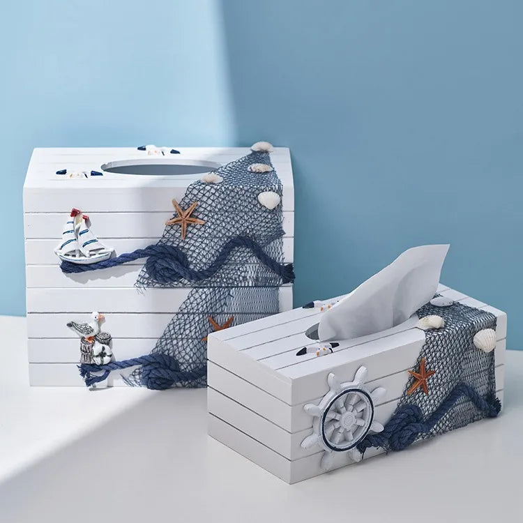 Marine Style Starfish Rudder Wood Tissue Box
