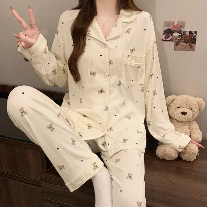 Spring Edition Pleated Fabric Sleepwear Long Sleeve Home Clothes Set For Women Sweet Cute Style Casual Breathable Polyester Milk Silk
