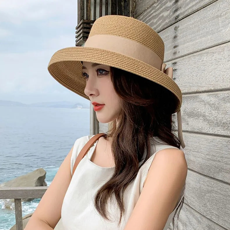 women's classic style bow knot braid curved eaves straw hat