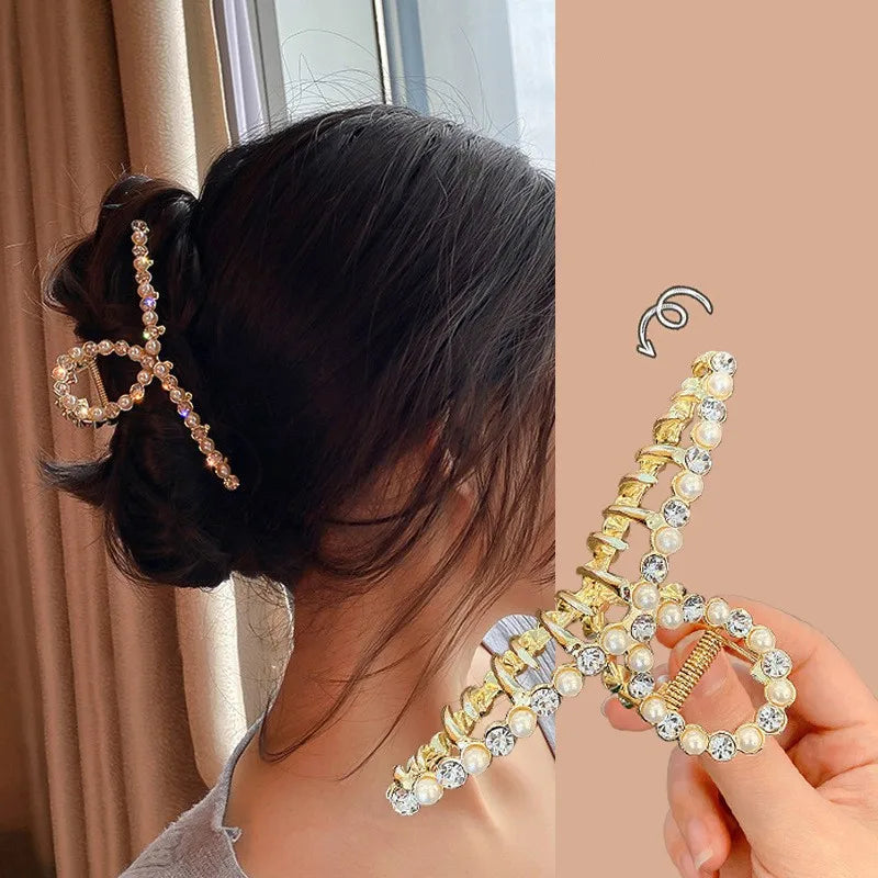 simple style sector shell rectangle imitation pearl rhinestone metal hair claws