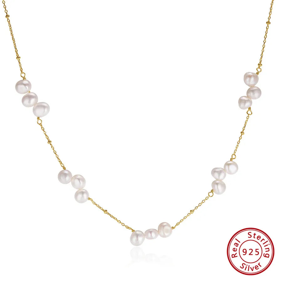 925 Sterling Silver Freshwater Pearl cable chain Plating Geometric Double Layer Necklaces Pendant Necklace Necklace