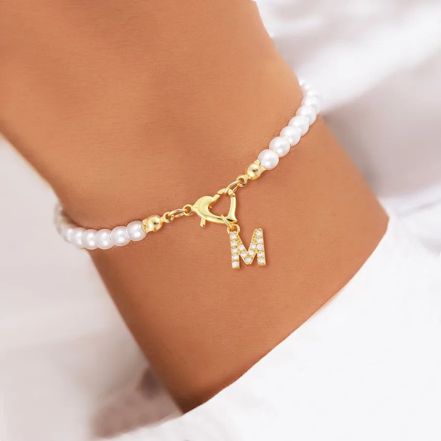 Elegant Classic Style Letter Heart Shape Zircon Artificial Pearl Copper Beaded Chain Beaded Bracelets Wholesale