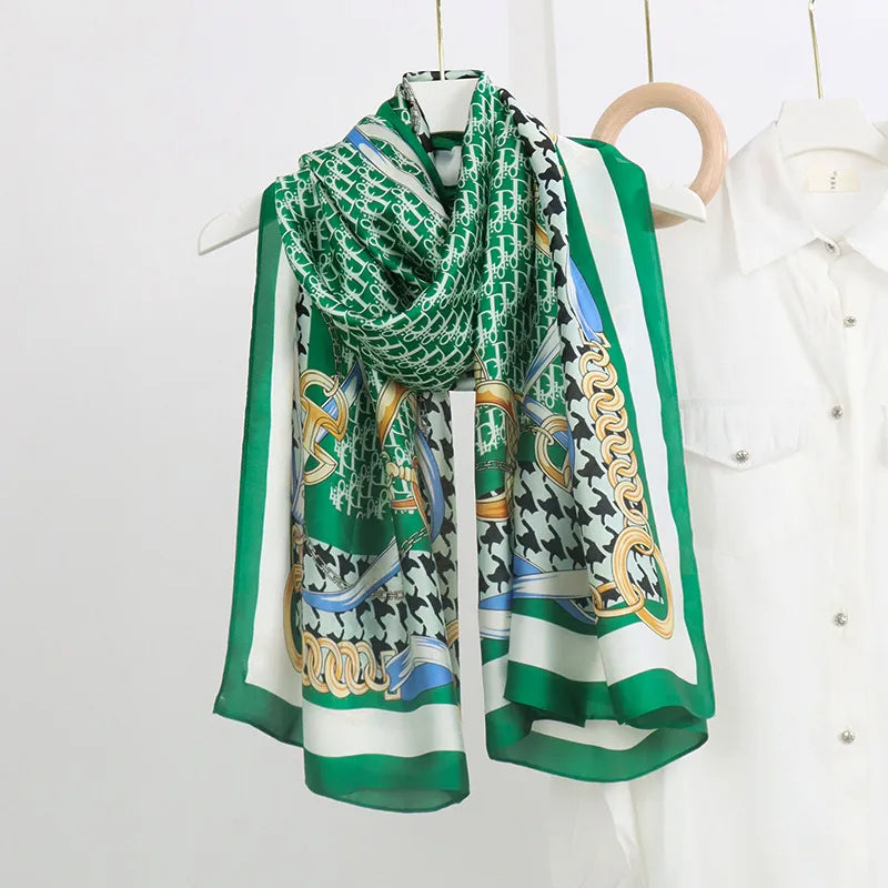 women's fashion letter plaid satin printing silk scarves