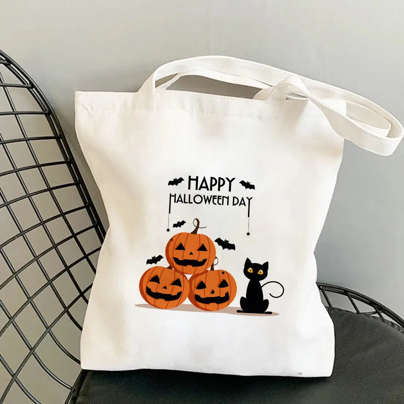 Halloween Women's Medium Canvas Pumpkin Cat Cute Square Open Underarm Bag