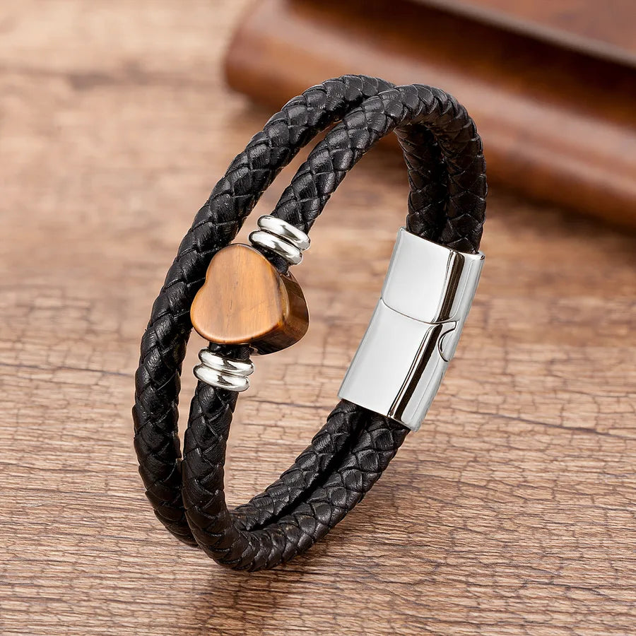 classic style streetwear heart shape stainless steel stone men's bracelets