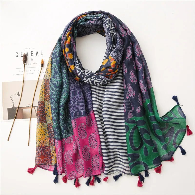 new scarf retro stitching bohemian cashew print silk scarf sunscreen yiwu wholesales