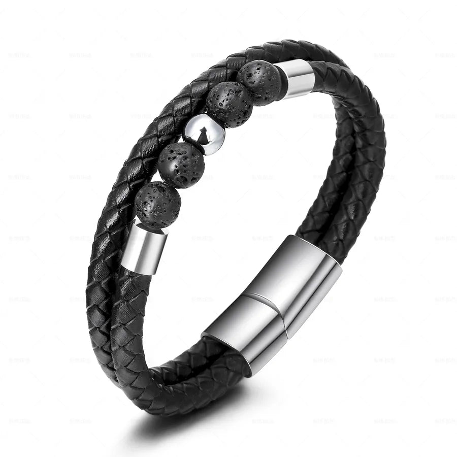 Retro Simple Style Geometric 304 Stainless Steel Cowhide Beaded Layered Stoving Varnish Men's Bangle Men Cord & Leather Bracelets