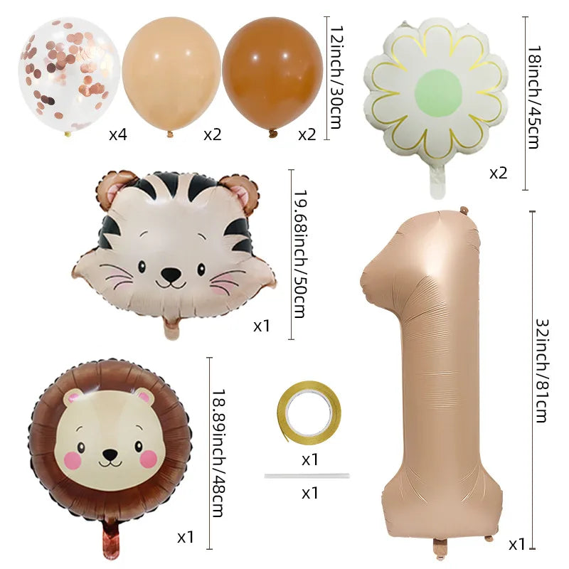 Retro Forest Tiger Lion Animal Balloon Set Caramel Digital Birthday Party Decoration Balloon Aluminum Foil Material