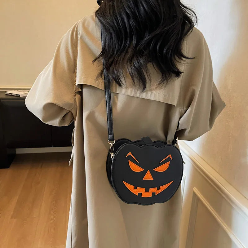 Halloween Small Pumpkin Shaped Crossbody Bag Women's Versatile Round Fashion Bag Polyester Inner Zipper Closure Shoulder Strap