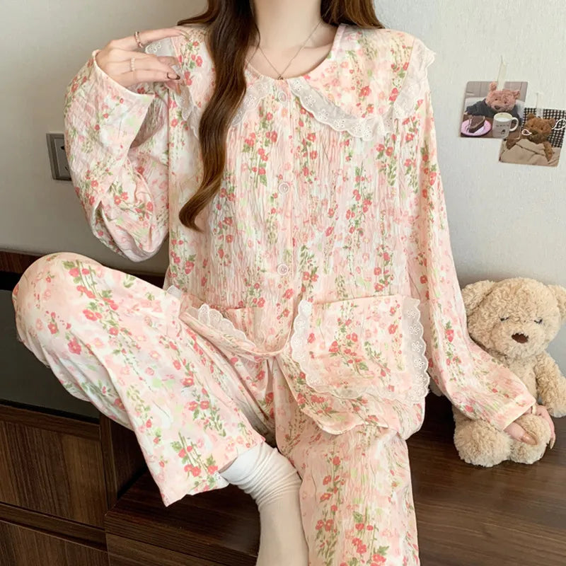 Sweet Cherry Cloud Cotton Long Sleeve Spring Home Clothes Set For Girls Comfortable Breathable Sleepwear Casual Style