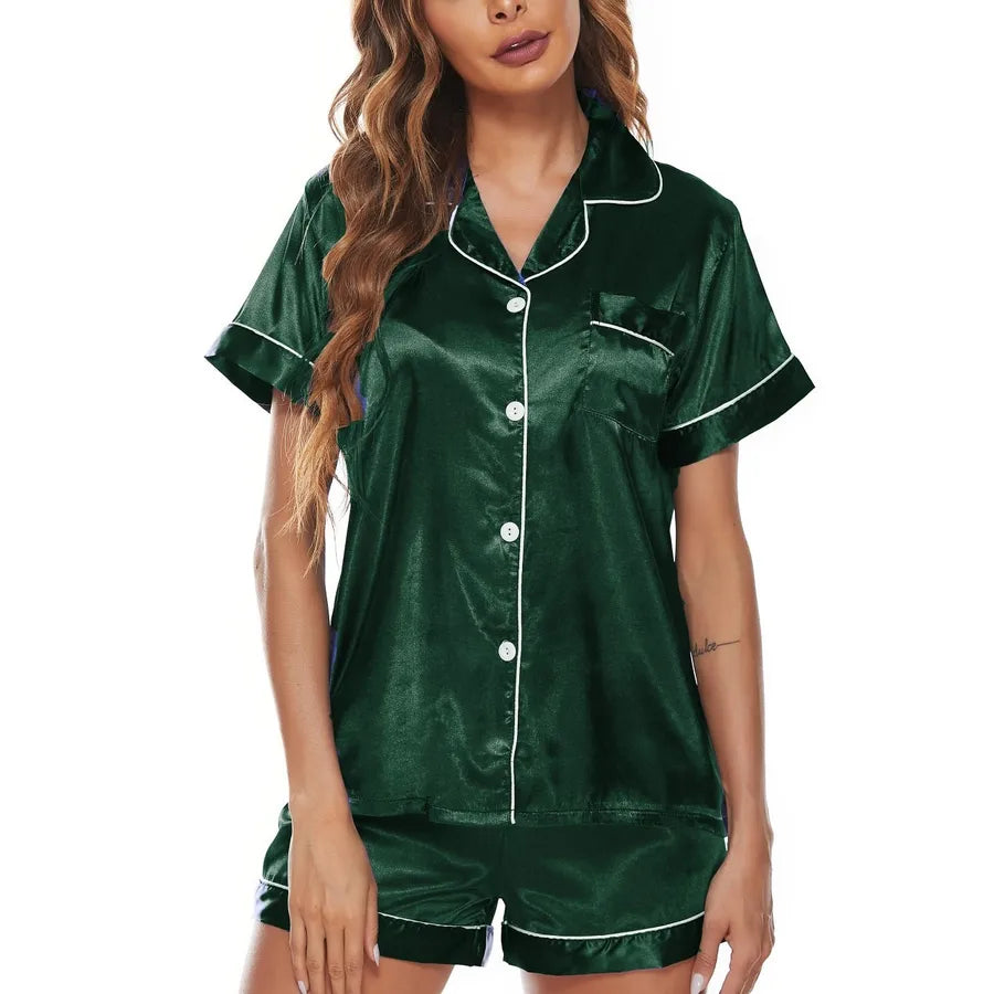 women's simple style solid color polyester button shorts sets